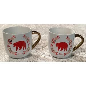 Set of 2 Threshold Beary Christmas Red Bear Stoneware Mugs 3 7/8”